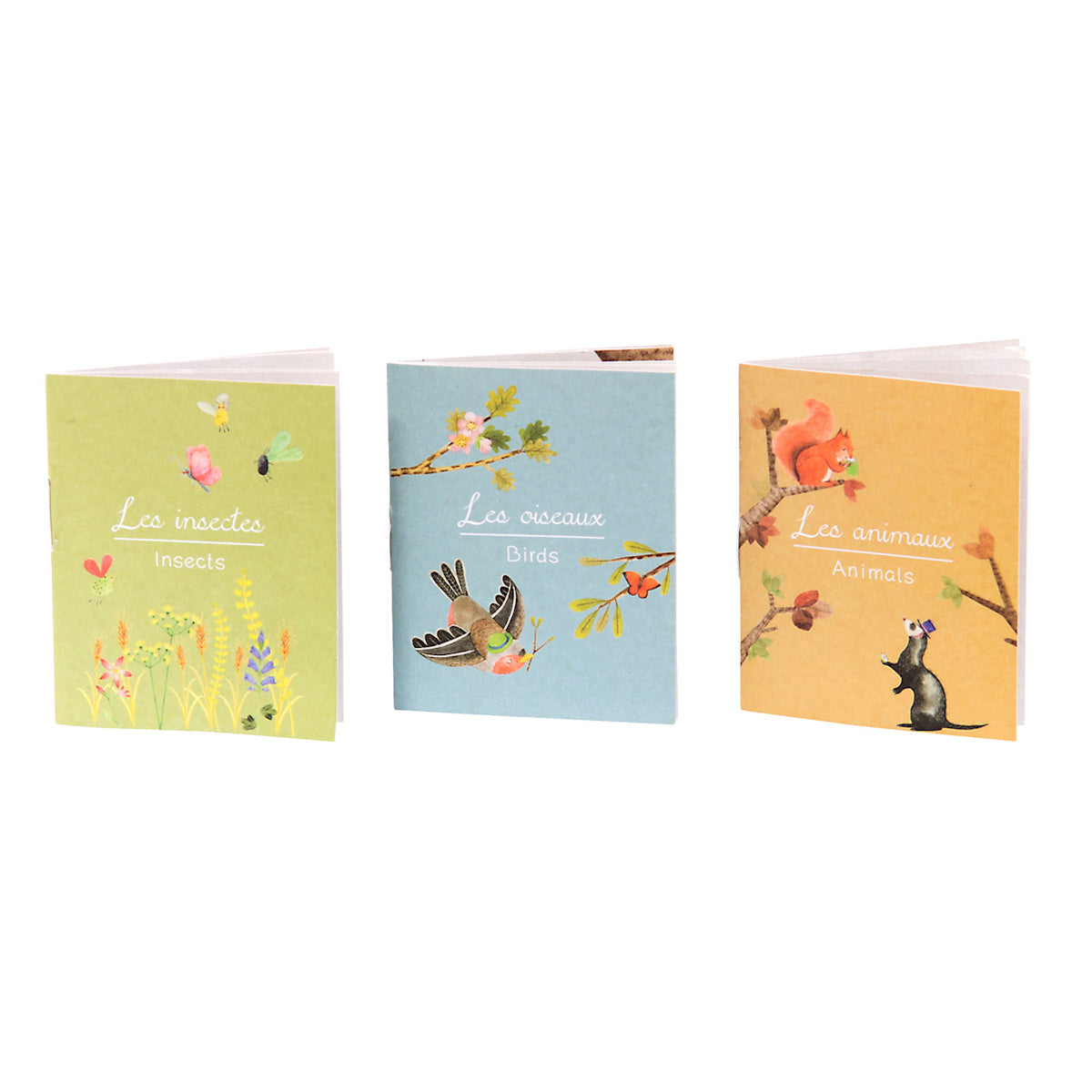 Moulin Roty Le Jardin du Moulin storybook torch set of 3 mini booklets featuring insects birds and animals nature themes.