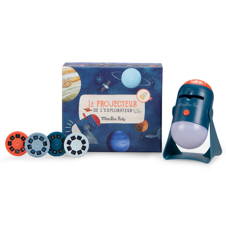 Moulin Roty Les Explorateurs space projector toy with 4 slide discs and space themed gift box for kids.
