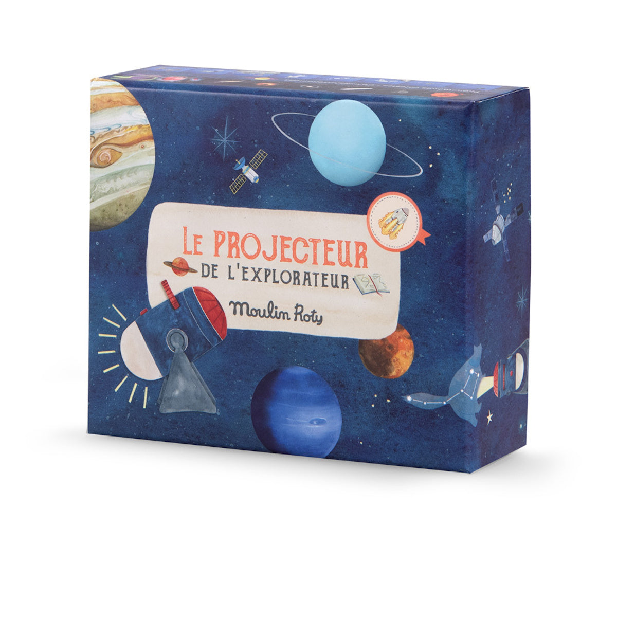 2:13 AM
Moulin Roty Les Explorateurs Le Projecteur space explorer projector toy in navy blue illustrated planets gift box.