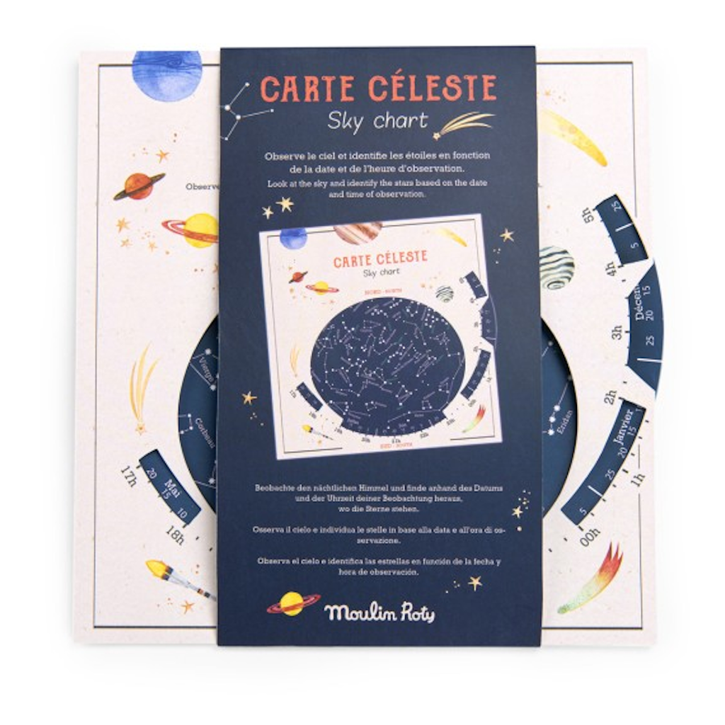Colorful 'Carte Céleste' sky chart for stargazing. Features celestial illustrations, constellations, and planetary images, creating a whimsical space theme.