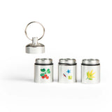 Moulin Roty Le Jardin du Moulin set of 3 silver metal treasure capsule containers with botanical nature illustrations.