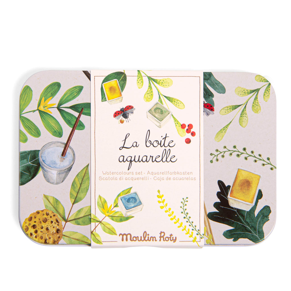 Watercolor set packaging featuring illustrated leaves, ladybugs, and art supplies. Text reads "La boîte aquarelle" with brand "Moulin Roty."
