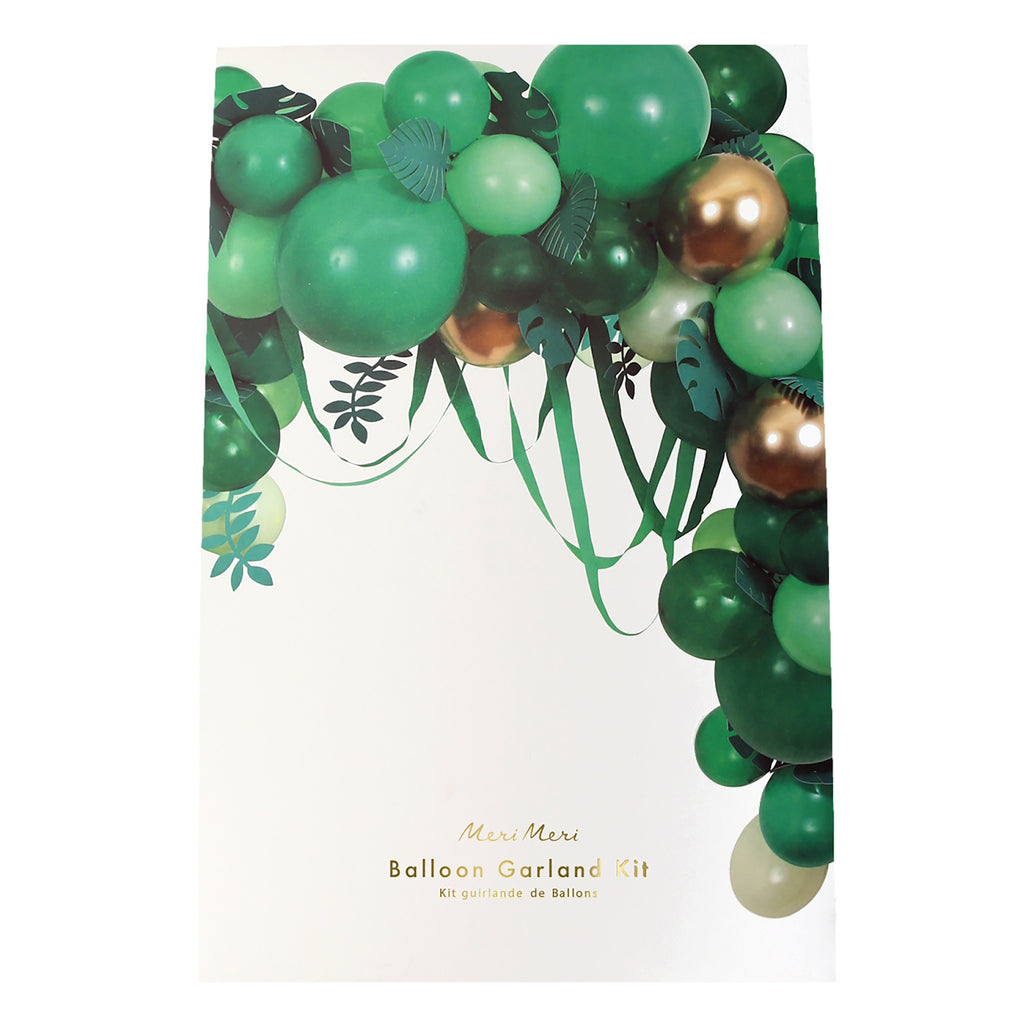 A festive balloon arch featuring green balloons and leafy accents, perfect for adding a natural touch to party decor or outdoor events.