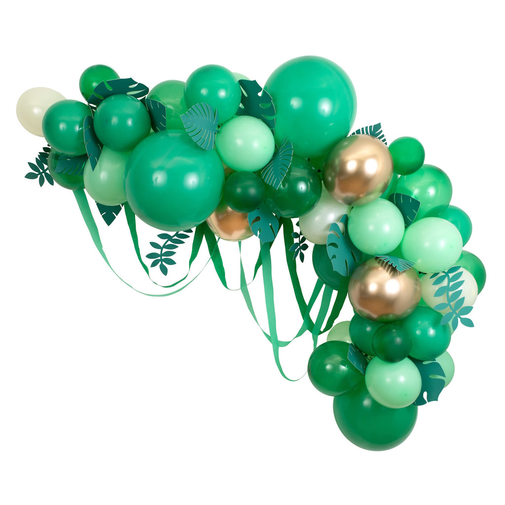 A festive balloon arch featuring green balloons and leafy accents, perfect for adding a natural touch to party decor or outdoor events.