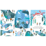 Illustration of an aquarium exit with a large red octopus, various sea life silhouettes, and people walking home.