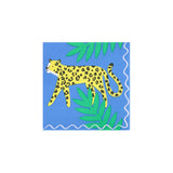 Jungle leopard party napkin with yellow cheetah print, green tropical leaves, and a blue background.