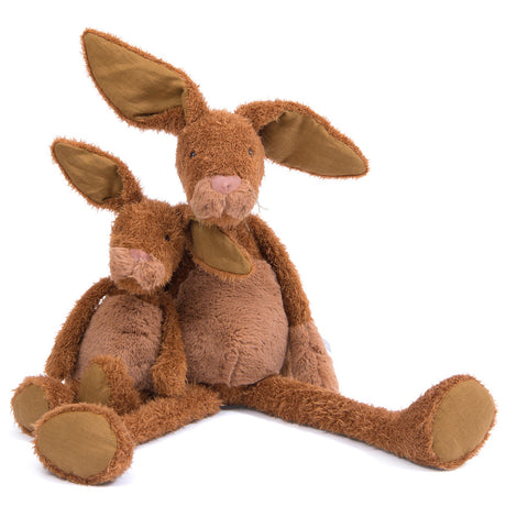 Two brown plush rabbit toys, one large and one small, sitting together with long ears and fuzzy texture.