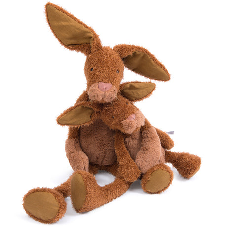 Two brown plush rabbit toys with long ears, one larger and one smaller, hugging each other on a white background.