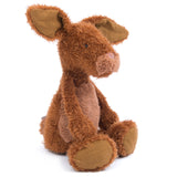 A small, brown plush rabbit with long ears and a fuzzy texture sitting upright against a white background.