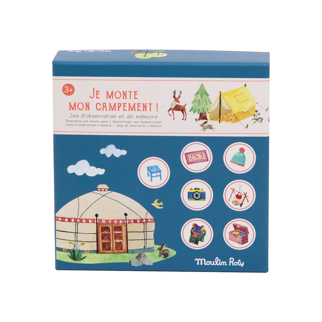 Box cover for a children's observation game titled "Je monte mon campement!" showing a yurt, animals, camping icons, and playfully illustrated items.