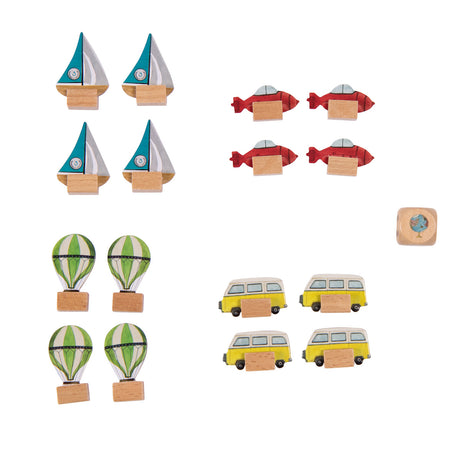 Moulin Roty Les Explorateurs board game wooden pawns set with sailboats hot air balloons planes vans and globe dice.