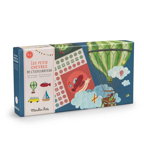 Box for "Les Petits Chevaux de l'Explorateur" game, featuring a whimsical hot air balloon, colorful clouds, and playful illustrations. Suitable for ages 4+.