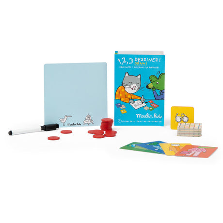 Moulin Roty drawing game featuring a blue board, marker, red tokens, animal cards, and a colorful instruction booklet.