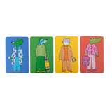 Four stylized animal characters (mouse, dog, cat, crocodile) in colorful outfits on blue, green, yellow, and red cards.
