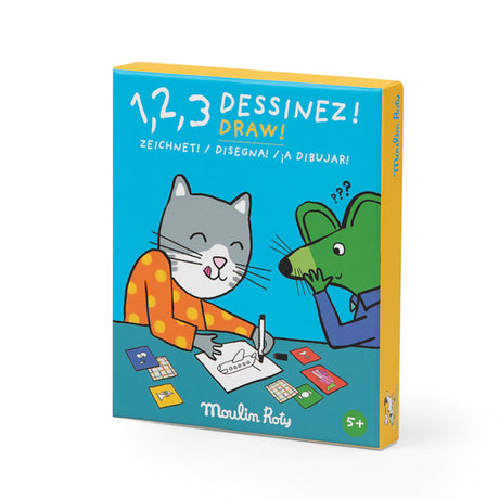 A blue game box titled "1, 2, 3 Draw!" featuring a cartoon cat drawing a plane while a mouse watches.