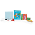 The Moulin Roty "1,2,3 Draw!" game featuring a drawing board, marker, red tokens, illustrated cards, and instructions.