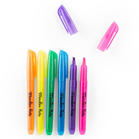 Moulin Roty neon felt pens in orange, yellow, green, blue, purple, and pink with caps removed to show tips.