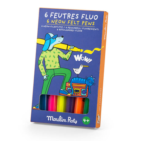 Box of Moulin Roty Les Loufoques neon felt pens featuring a dog illustration and window showing 6 colorful markers.