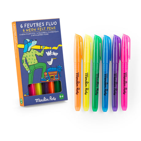 Moulin Roty Les Loufoques 6 neon felt pens set with colorful markers and illustrated blue storage box.