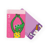 Two "Les Loufoques" cards: a pink card featuring a green crocodile and a purple card showing a white bunny.