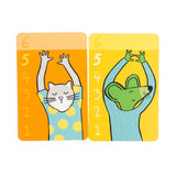 Two illustrated cards: a cat in a polka-dot shirt and a green mouse in a blue sweater, both with arms raised.