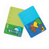 Two colorful playing cards: one green card featuring a blue dog and one blue card featuring a horse doing a yoga stretch.