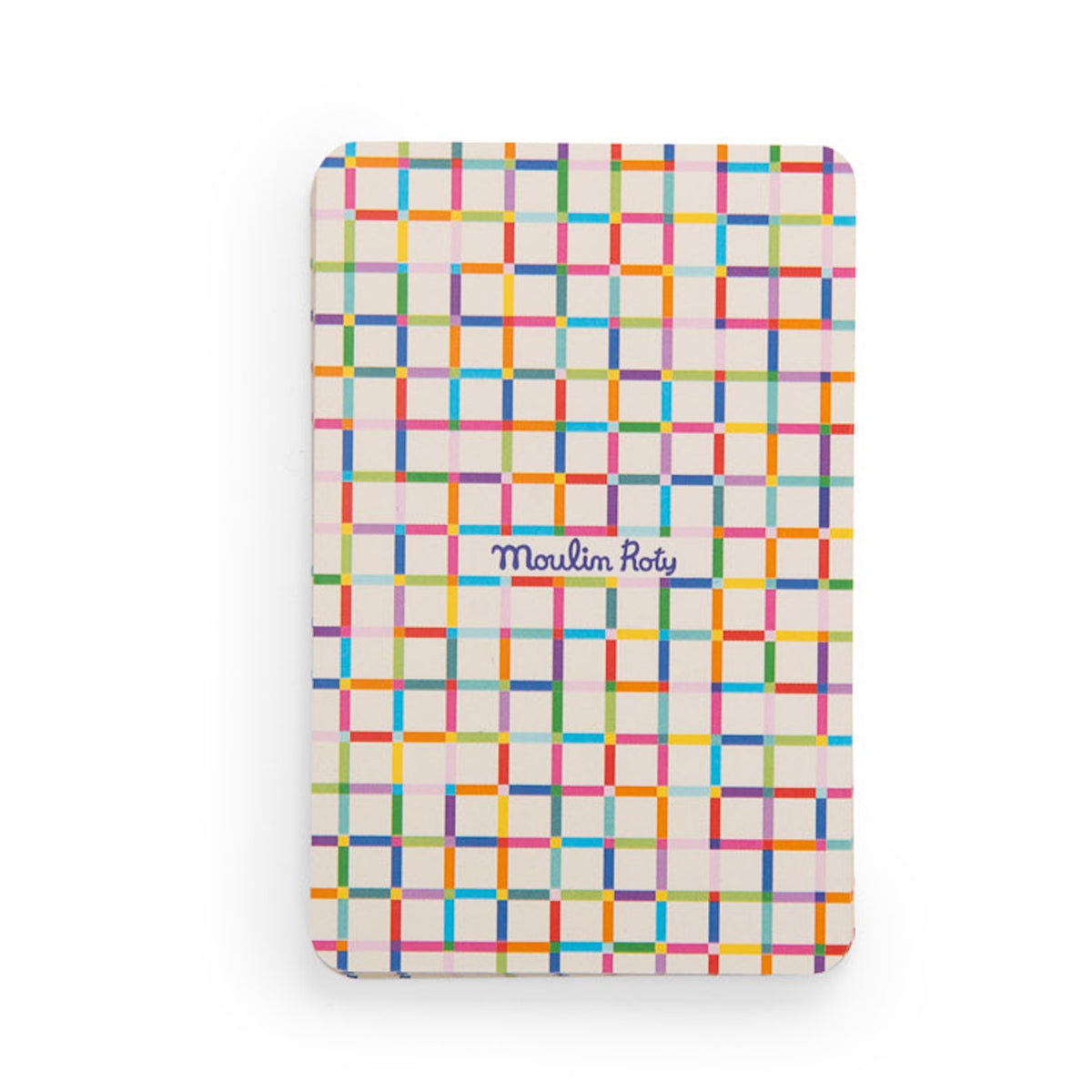 Back of a playing card featuring a colorful grid pattern with "Moulin Roty" written in the center.