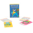 Bataille card game box and illustrated animal cards by Moulin Roty, featuring colorful characters doing yoga.
