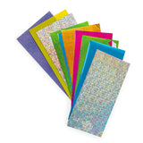 Fanned out set of colorful holographic and glittery foil transfer sheets for arts and crafts on a white background.