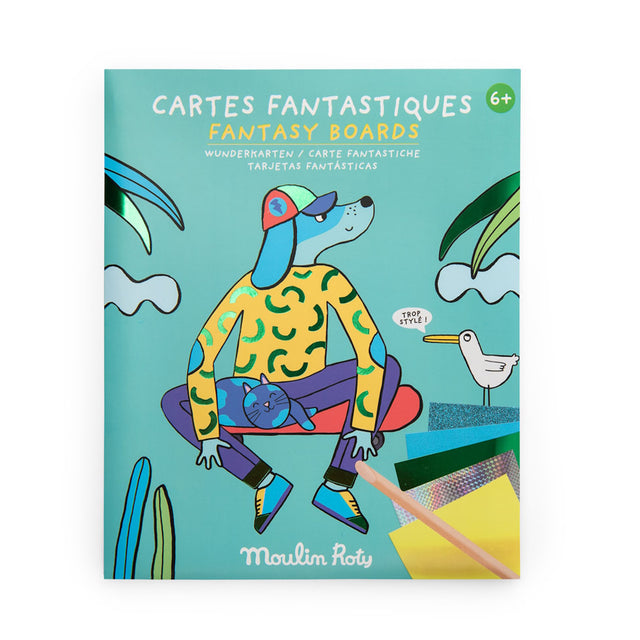 Moulin Roty Les Loufoques Fantasy Boards art kit featuring a cool dog character on a teal background.