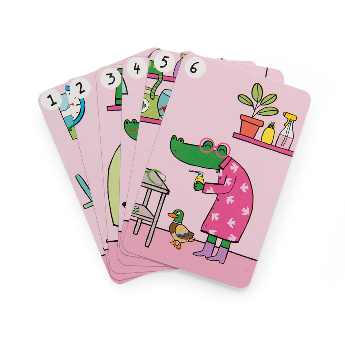 A fan of six pink cards featuring a green crocodile in a pink dress, numbered 1 to 6 in the upper left corners.