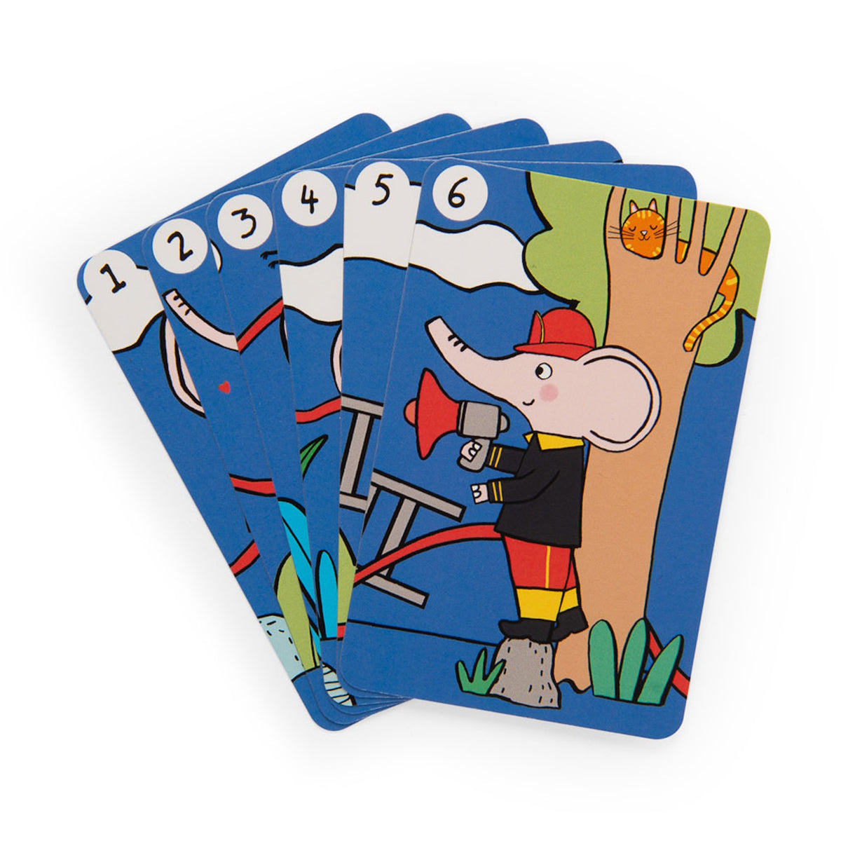 Six numbered blue cards showing an elephant firefighter with a megaphone and a cat in a tree.