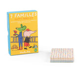 A yellow box for the "7 Familles" card game sits next to a stack of grid-patterned playing cards.