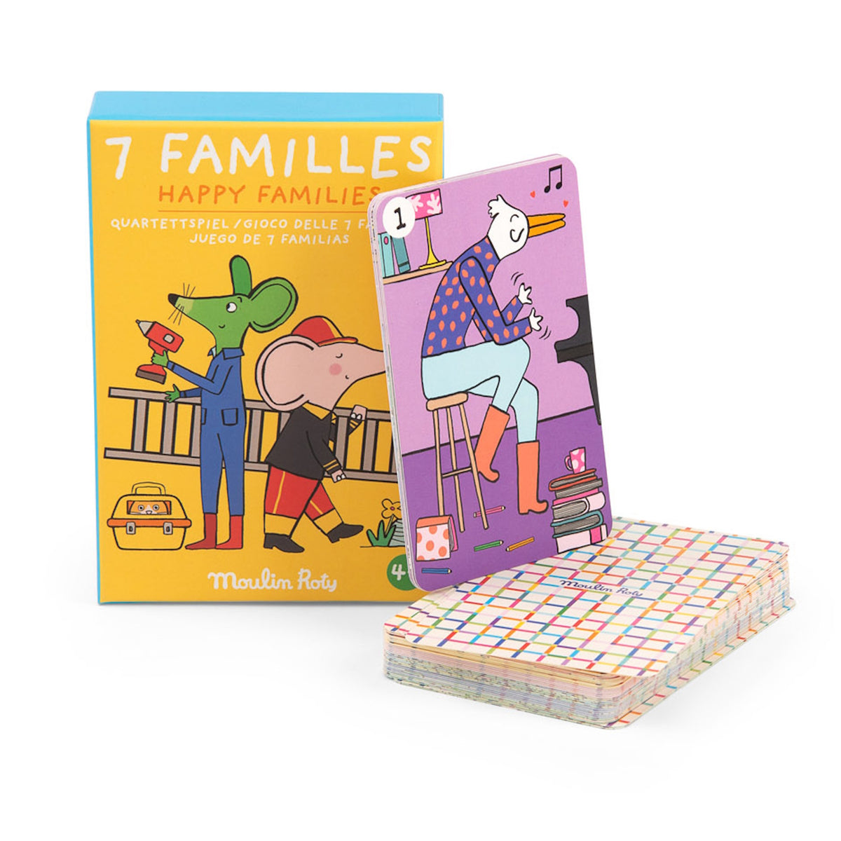 A yellow box and cards for the "7 Familles" card game, featuring colorful illustrations of animals in various occupations.