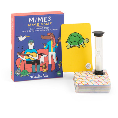 Moulin Roty Mime Game box next to a yellow turtle card, a stack of cards, and a sand timer on a white background.