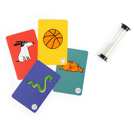Four colorful game cards showing a dog, basketball, snake, and cat next to a sand timer on a white surface.
