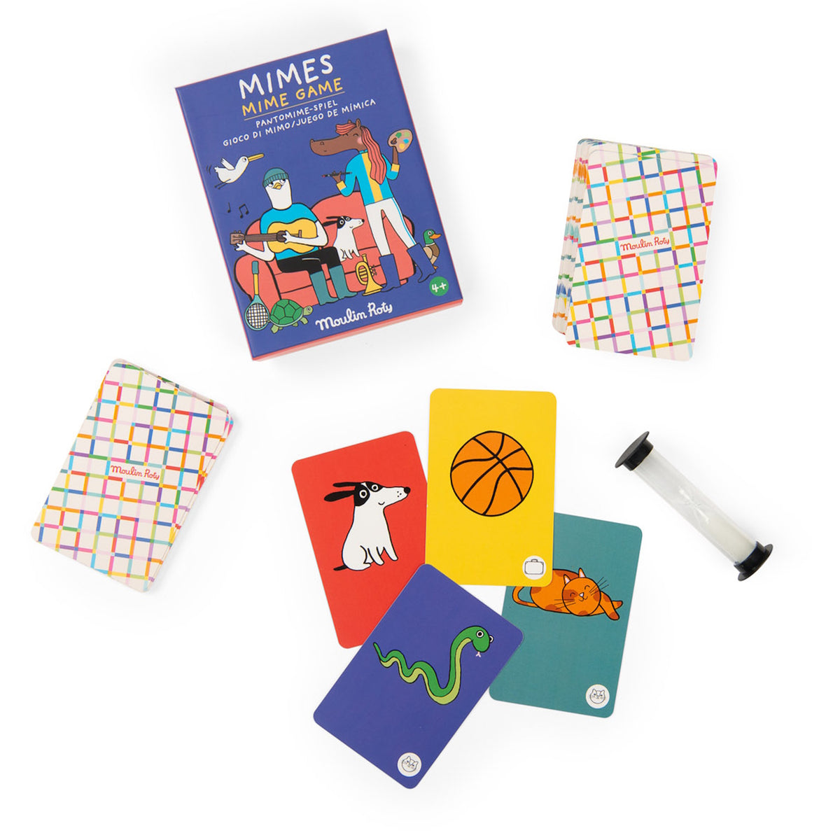 Moulin Roty Mime Game box and colorful cards featuring a dog, snake, basketball, and cat next to a sand timer.
