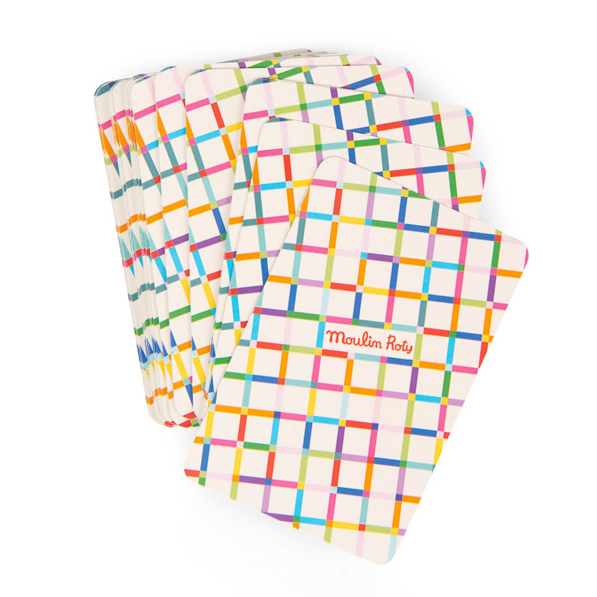 A fan of colorful, grid-patterned Moulin Roty playing cards with vibrant blue, yellow, pink, and green lines.