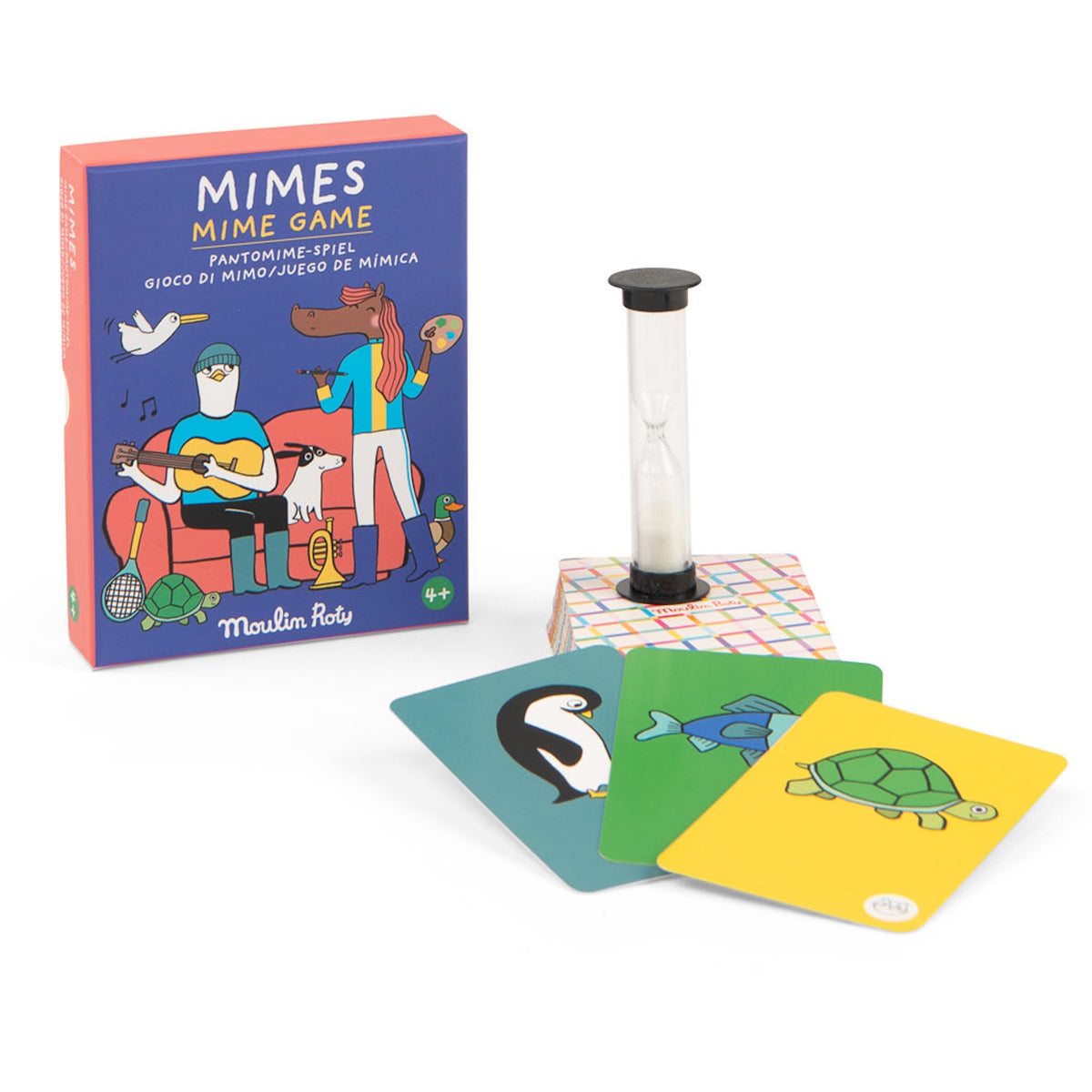 Moulin Roty Mime Game box next to an hourglass and three animal cards featuring a penguin, fish, and turtle.
