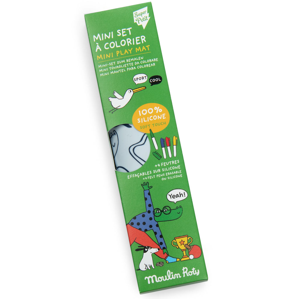Green packaging of a “Mini Set à Colorier” play mat by Moulin Roty. Features colorful illustrations, silicone mat, and felt pens. Playful and fun tone.