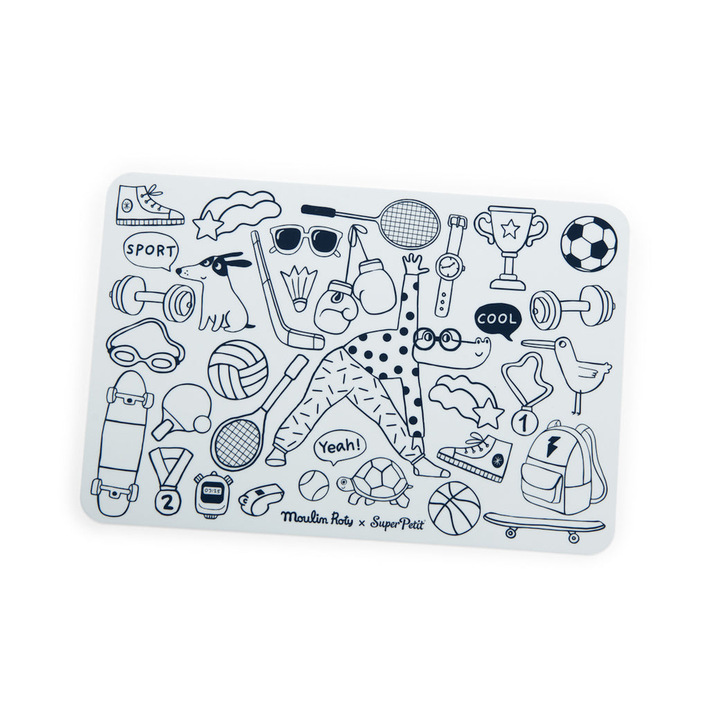 Black and white doodles on a placemat depict various sports and leisure items, including a trophy, skateboard, dumbbells, and playful illustrations. Energetic tone.
