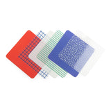 Colorful mix-and-match logic game cards featuring red, blue, and green patterns like grids, stripes, and confetti.