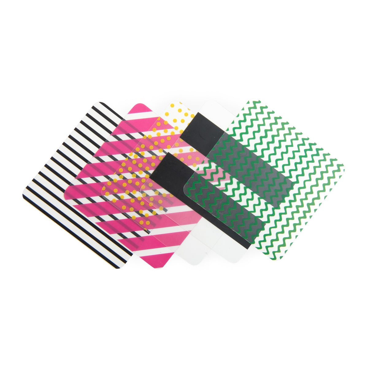Stack of colorful transparent pattern cards from Les Loufoques mix and match logic game on a white background.