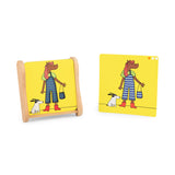 Les Loufoques Mix and Match logic game featuring a horse character in overalls with a dog on yellow cards.