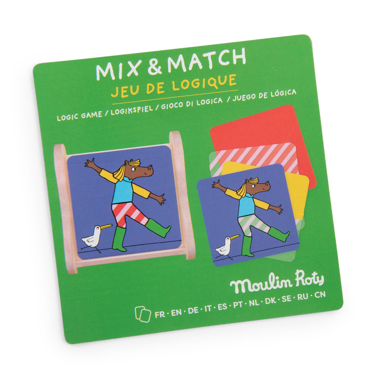 Moulin Roty Mix & Match Logic Game packaging featuring an illustrated horse character and colorful transparent game cards.