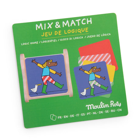 Moulin Roty Mix & Match Logic Game packaging featuring an illustrated horse character and colorful transparent game cards.