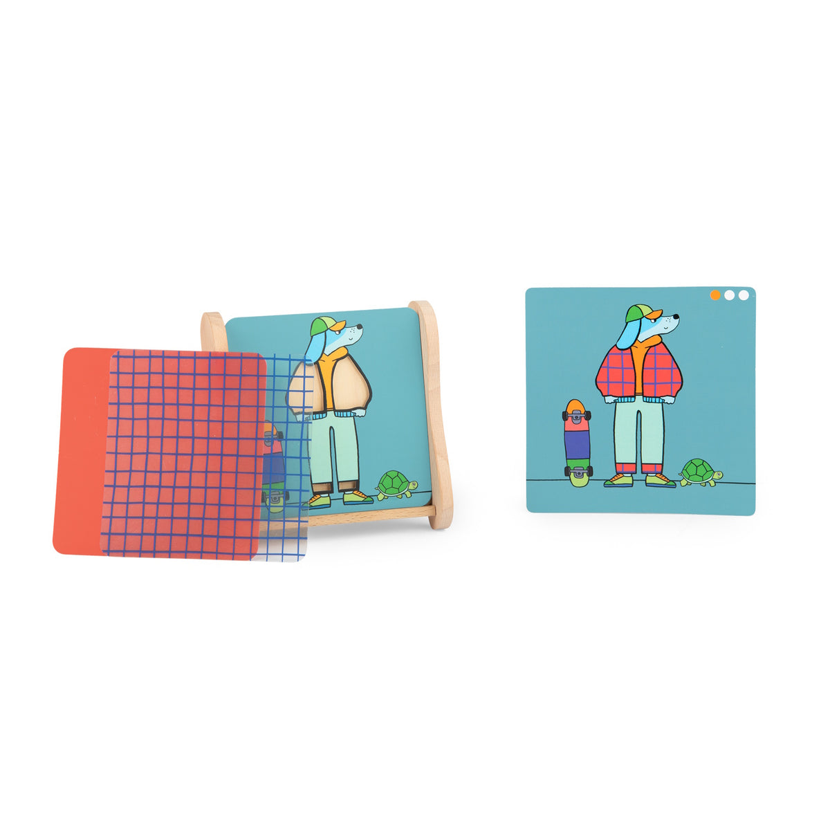 Moulin Roty logic game showing a dog illustration and transparent pattern overlays to match the sample card.
