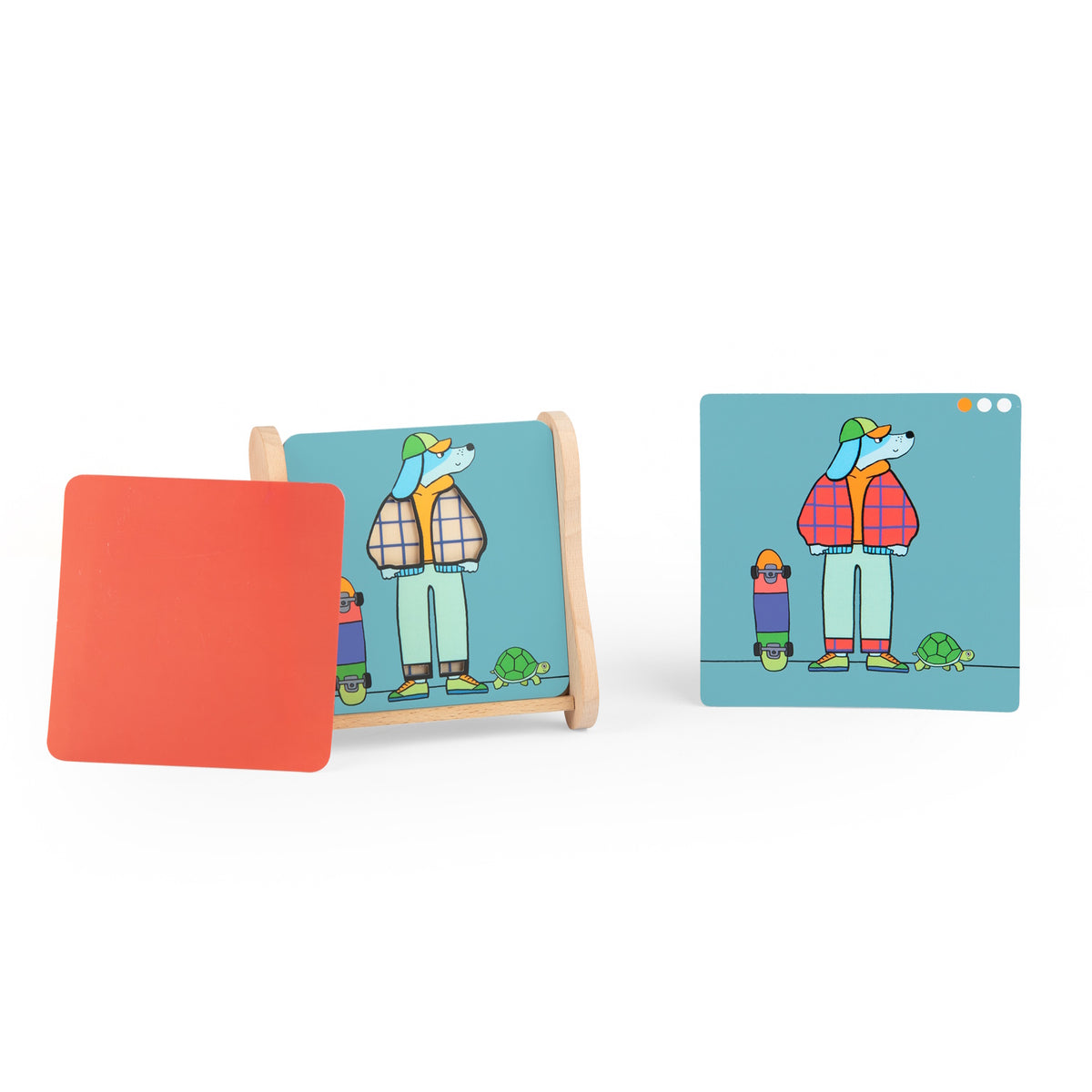 Les Loufoques mix and match logic game featuring a cartoon dog, turtle, and skateboard illustrations on blue cards.