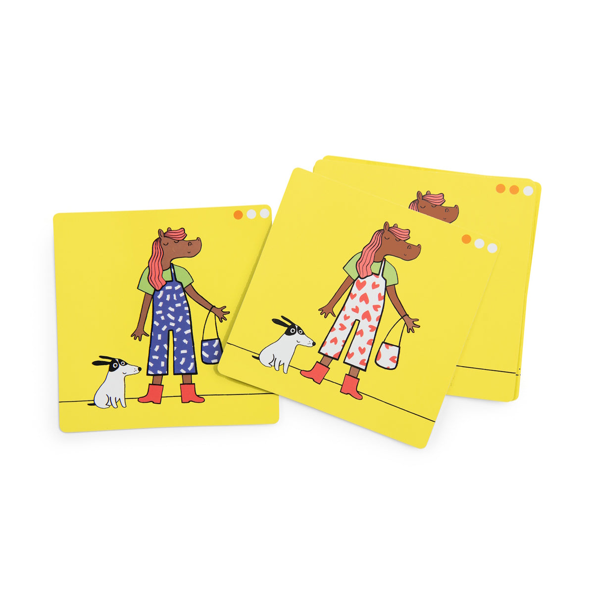 Two "Les Loufoques" logic game cards showing a horse-headed character in overalls with a dog on a yellow background.