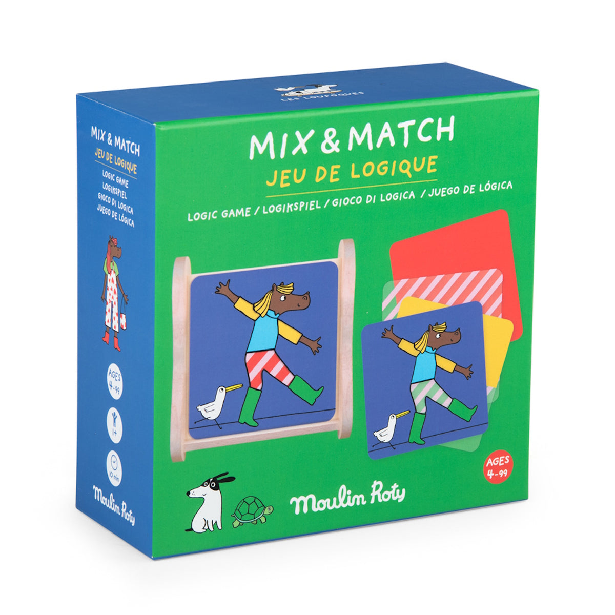 Moulin Roty Les Loufoques Mix & Match logic game box featuring an illustrated horse character and colorful cards.